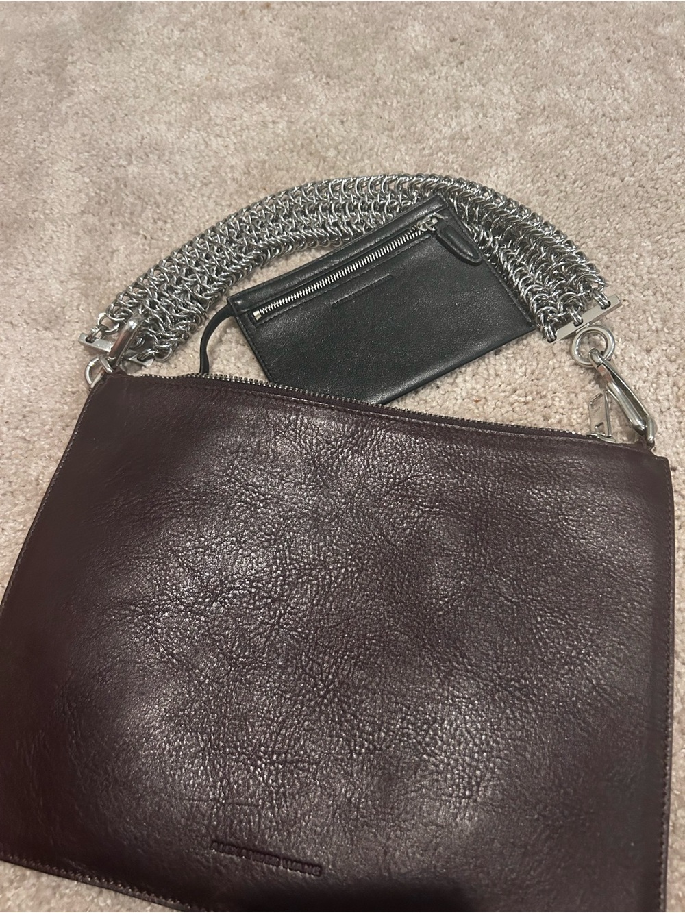 Leather Shoulder Bag with Chunky Chain Strap - Deep Burgundy